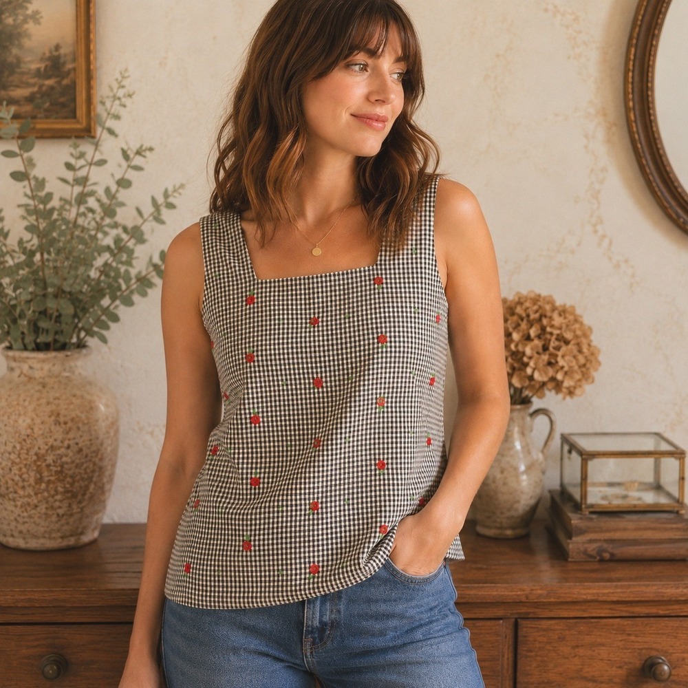 Vintage JG Hook Womens 90s Gingham Embroidered Top Size 10 Cottagecore Americana